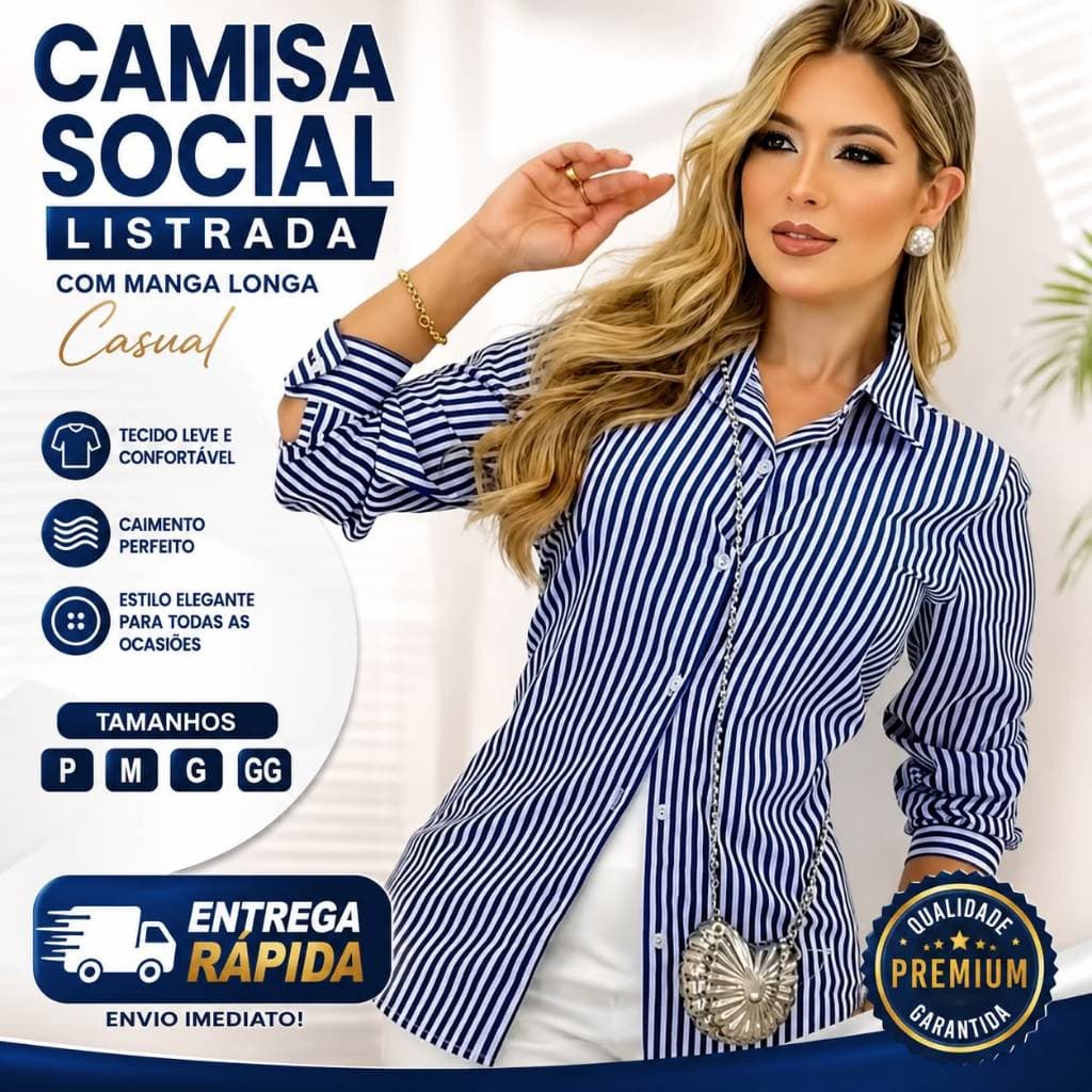 CAMISA SOCIAL FEMININA COM MANGA LONGA LISTRADA TENDENCIA ELEGANTE ENTREGA RAPIDA