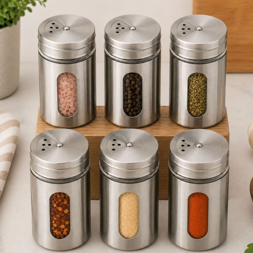Kit 6 Porta Condimentos Aço Inox Resistente com Tampa Dosadora Giratória para Temperos Cozinha