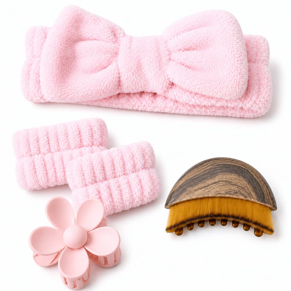KIT 5 PEÇAS Acessórios de Skincare SPA Feminino - Faixa de Cabelo,Faixa de Pulso,Presilha Flor,Escova Massagem Facial