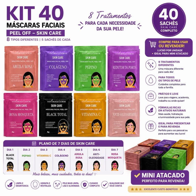 Kit 40 Máscaras Faciais Peel Off | 8 Tipos Diferentes | Mini Atacado para Revenda | 5 Sachês de Cada| Skin Care Completo