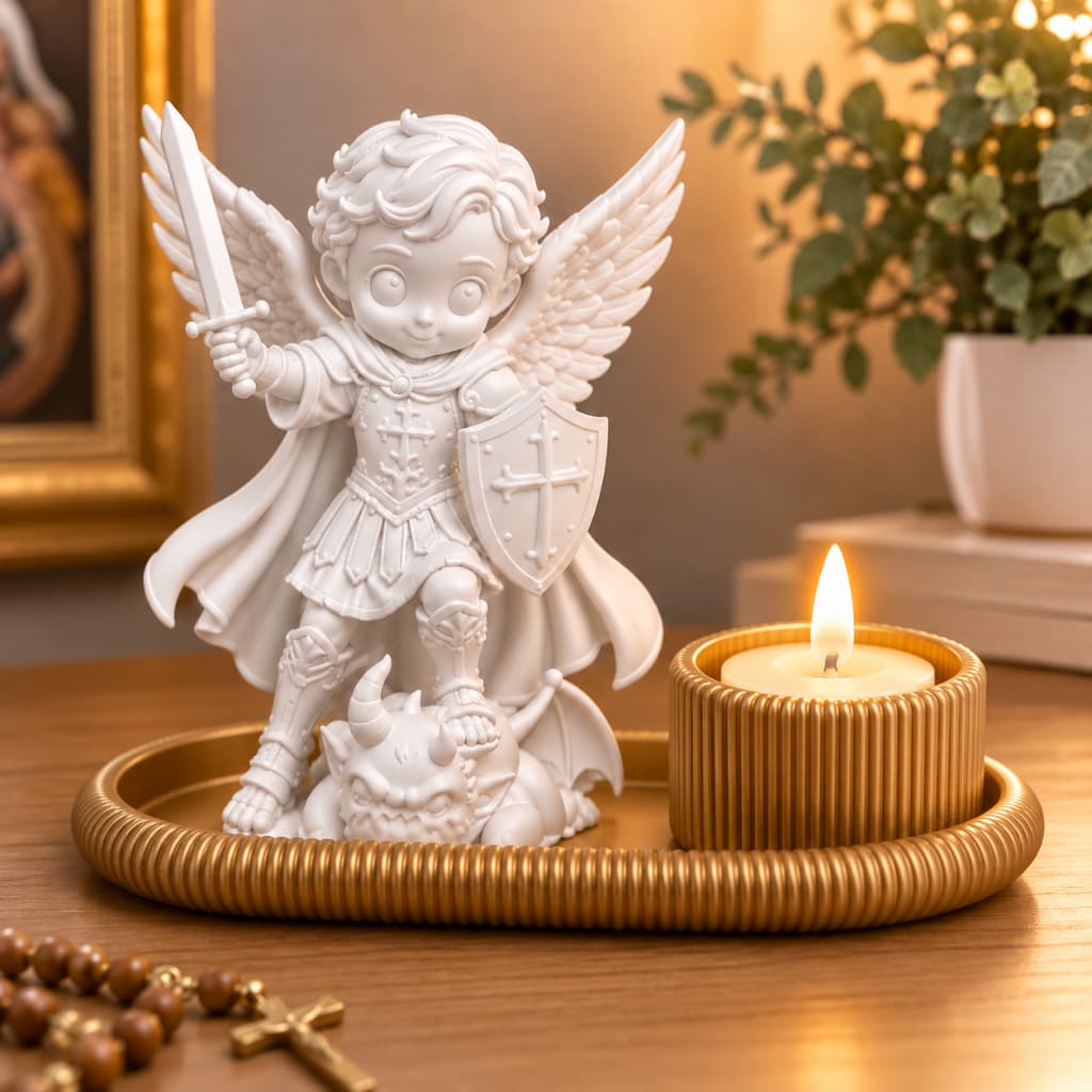 Kit São Miguel Arcanjo Baby Escultura Católica Vela LED Cantinho da Oração Presente Religioso Quaresma de São Miguel