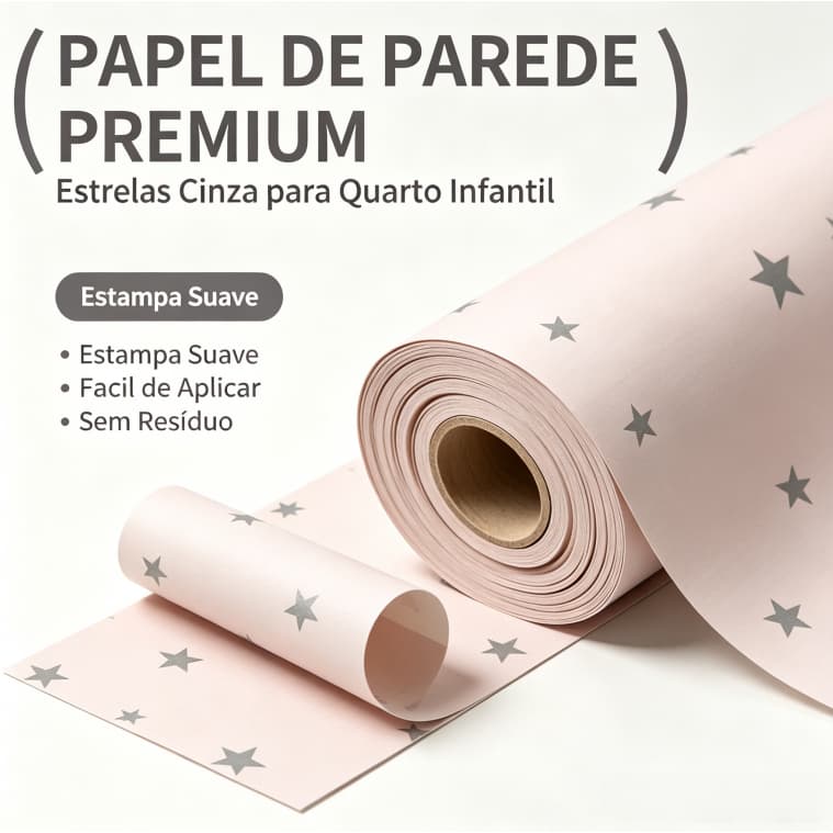 Papel de Parede Adesivo Estrelas Cinza Rosa 5m×45cm Vinil Impermeável Sem Resíduo Quarto Infantil