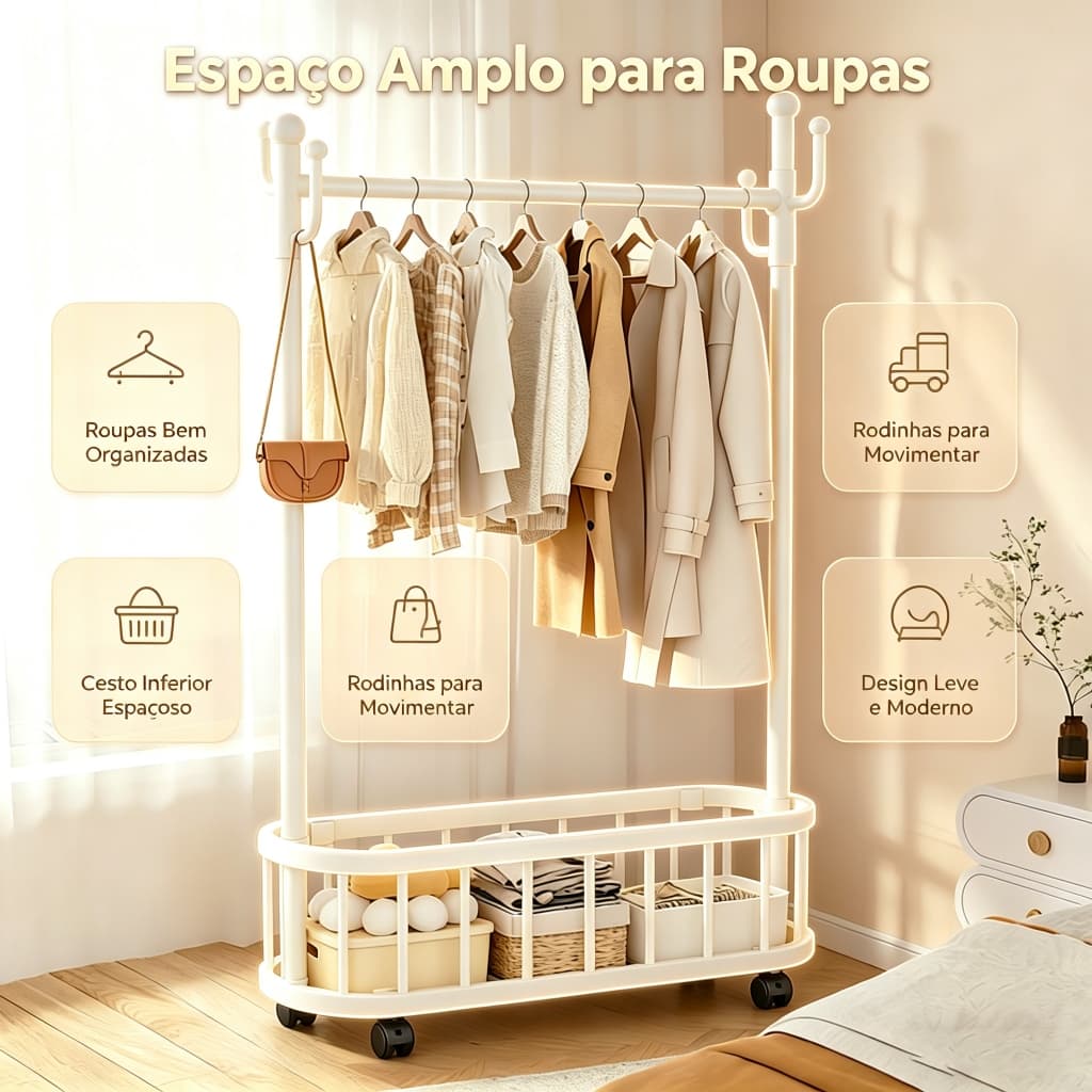 Arara de Roupas com Rodinhas e Cesto Organizador, Cabideiro de Chão com Ganchos Laterais para Quarto, Closet e Entrada