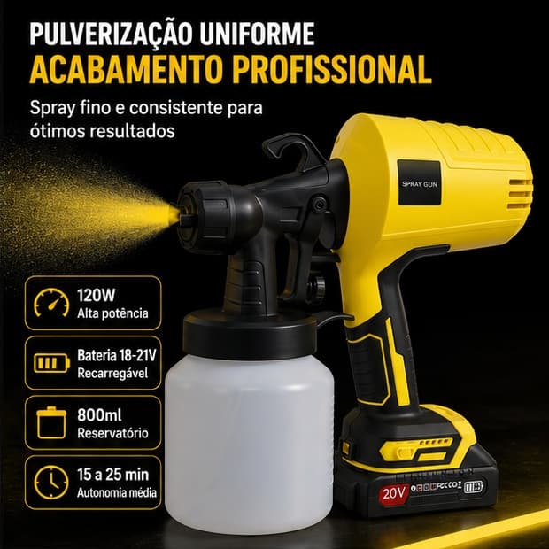 Pistola de Pintura HVLP Sem Fio 120W 800ml Bateria 20V Pulverizador Elétrico Portátil J4