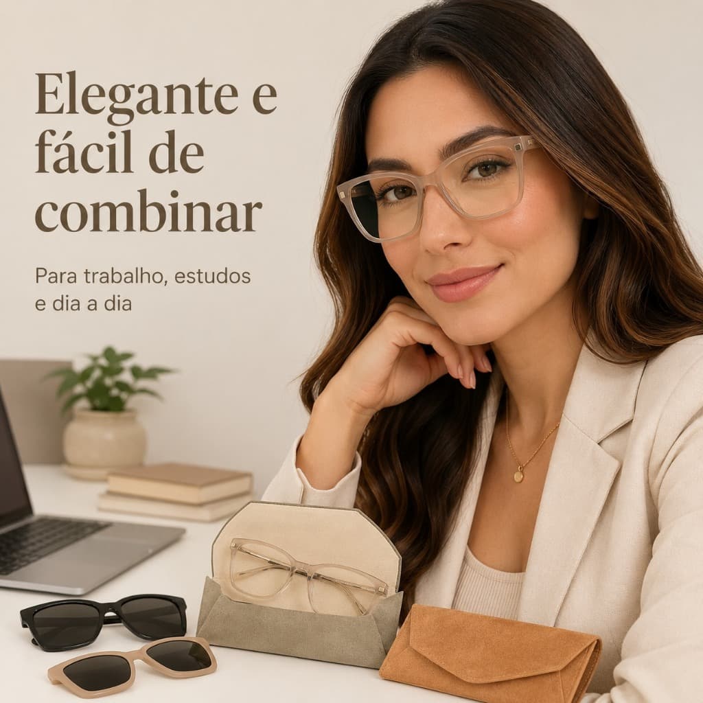 Armação Óptica Feminina Modelo Quadrado Para Escritório Com Duas Lentes Solares Encaixáveis