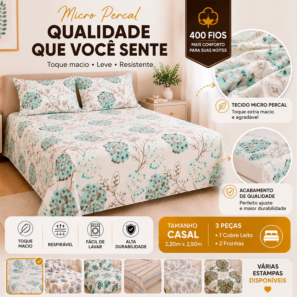 Kit 3 Pçs Lençol Casal Micro Percal Fios Com Algodão Confortavél Grande Estampado Macio