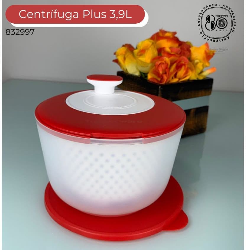 Centrífuga Plus Tupperware 3,9L Original – Secadora de Salada Manual Vermelha – Lava e Seca Folhas