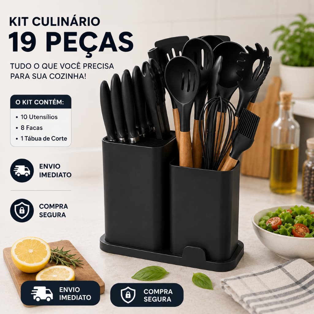 Kit 19 Utensílios Cozinha Silicone Cabo Madeira Facas Tabua Cor Preto/Rose/Branca/Cinza