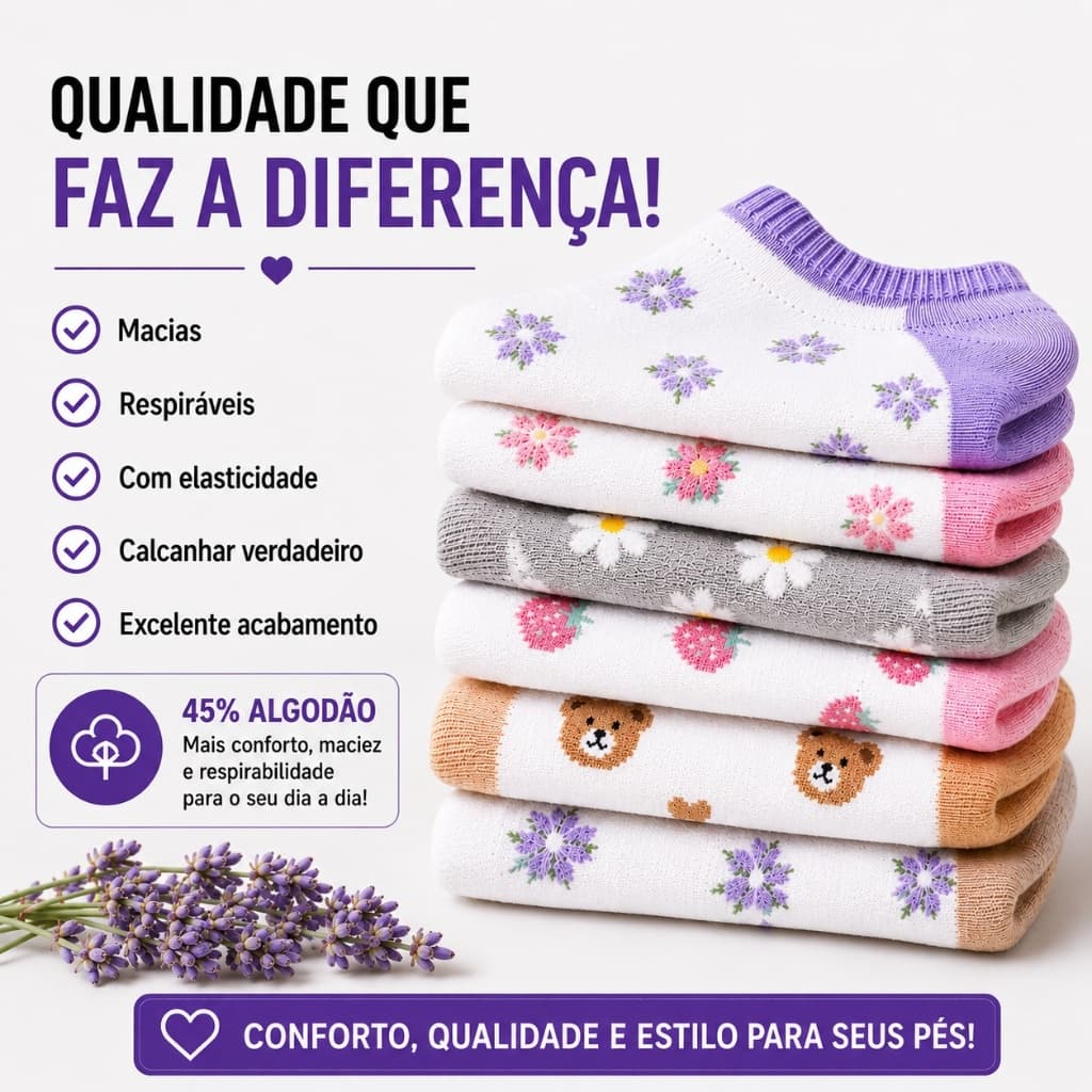 Kit Meias Estampadas Femininas Cano Curto Algodão Premium Estampas Variadas Respirável 3 6 ou 12 Pares