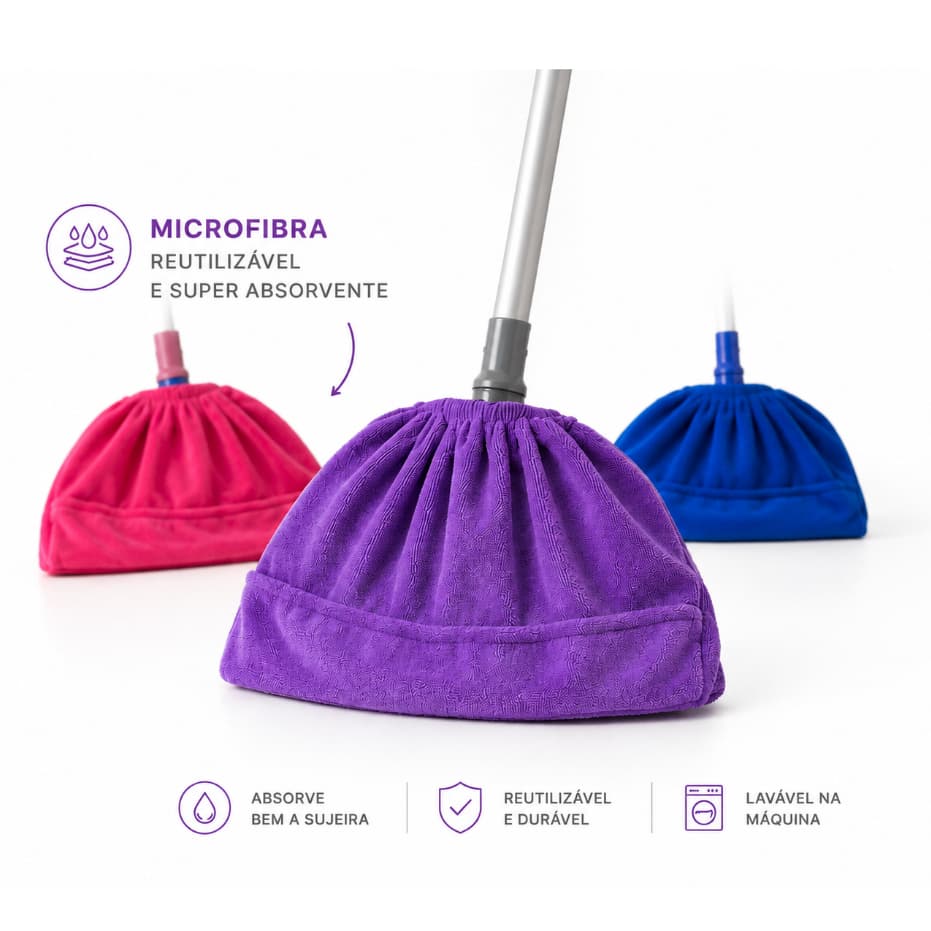 Capa Para Vassoura Em Microfibra Lavável Com Elástico E Super Absorção Não Risca O Piso