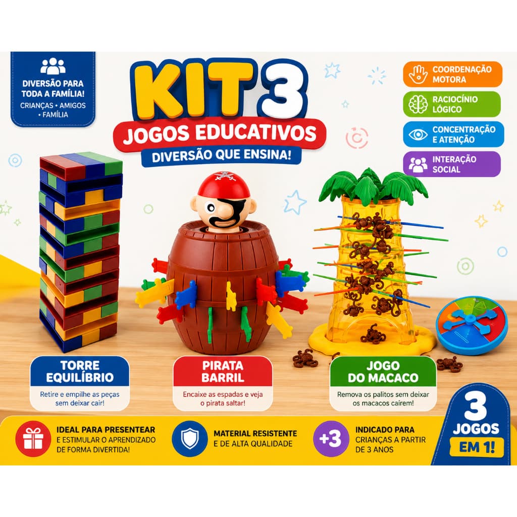 Kit 3 Jogos Educativos Infantil Torre Equilíbrio Pirata Barril pula pirata Macaco Coordenação Motora Brinquedo