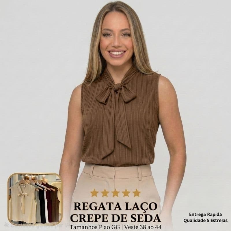 Blusa Regata Feminina Gola Laço Plissada Crepe Seda Premium Social Executiva Moda Evangélica Elegante Sem Manga Cavada