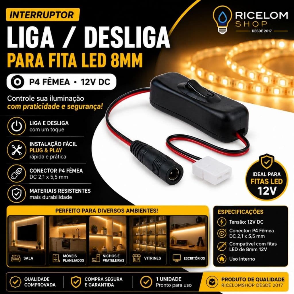 Interruptor Liga Desliga LED P4 Fêmea Fita Led 8mm 12v Controle De Iluminação - 1 Unidade
