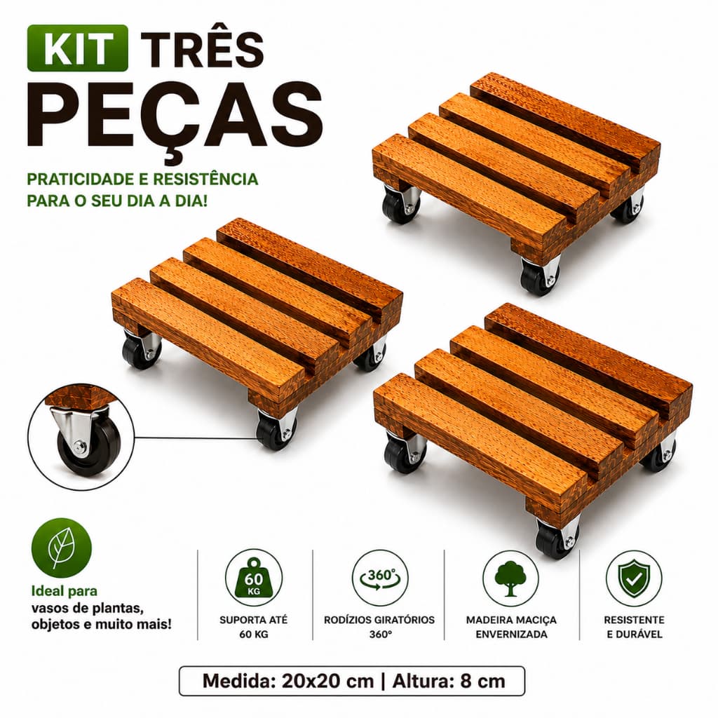 kit Com Três suportes 20x20 cm Para Vasos de Plantas Com Rodinhas Giratórias