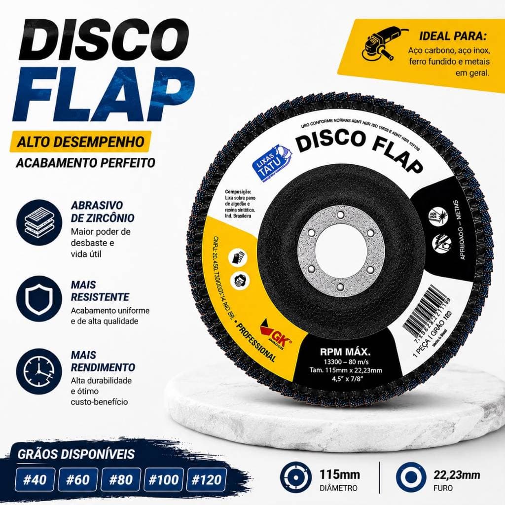 Disco Lixa Flap 115x22,23mm 4.1/2 Metais Madeira Ferro Aço Inox Alumínio Esmerilhadeira Lixadeira