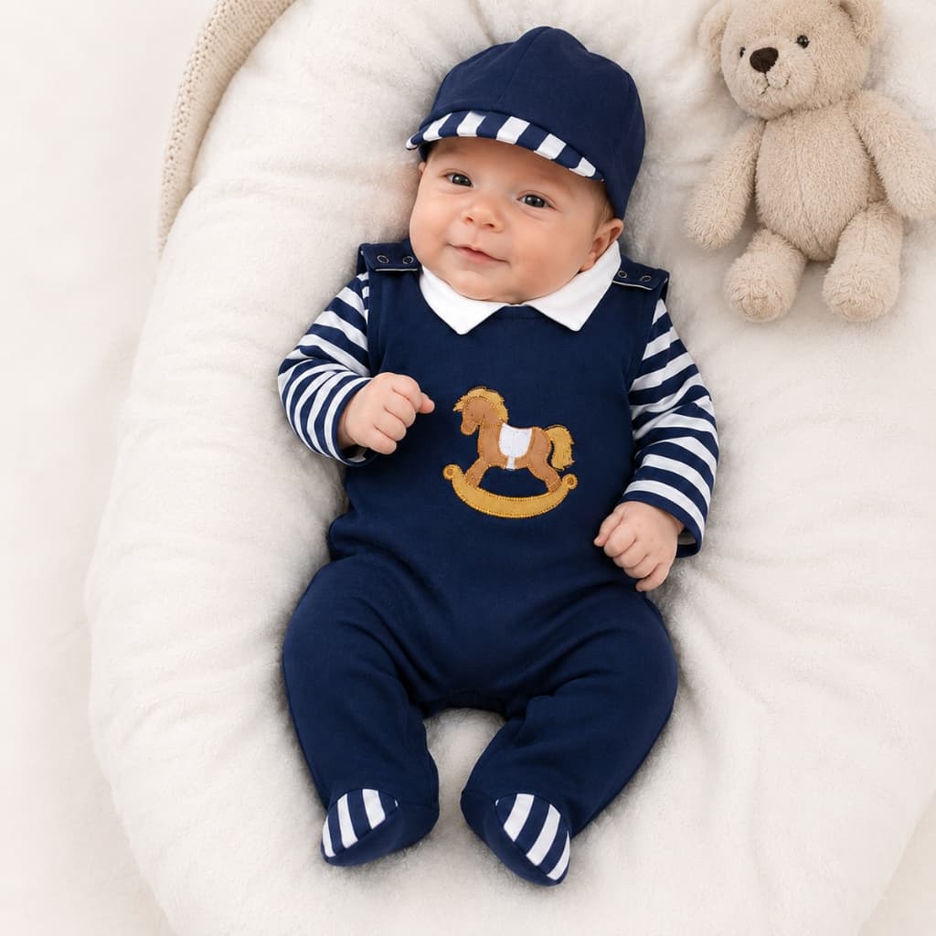 Conjunto Roupa de Bebê Menino Macacão Body Manga Longa Poney Kit 3 Peças