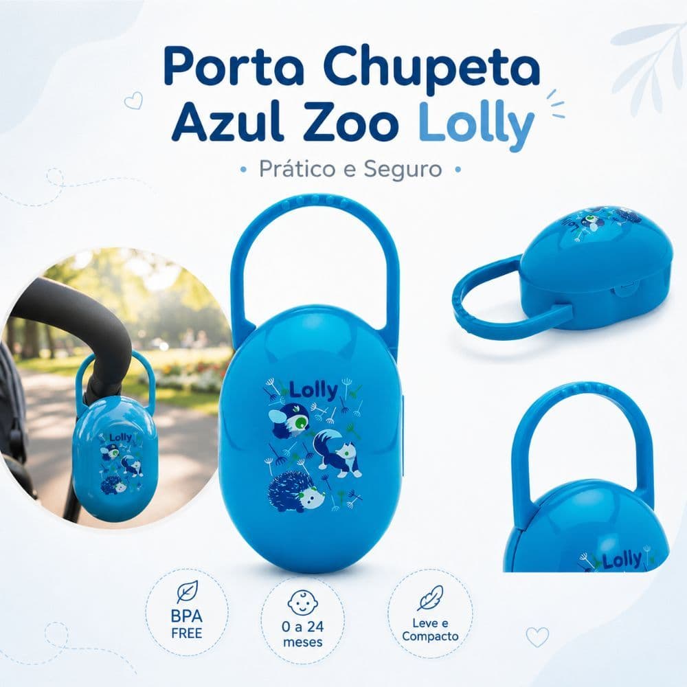 Porta Chupeta Azul para Bebês Zoo Prático Higiênico e Seguro Lolly