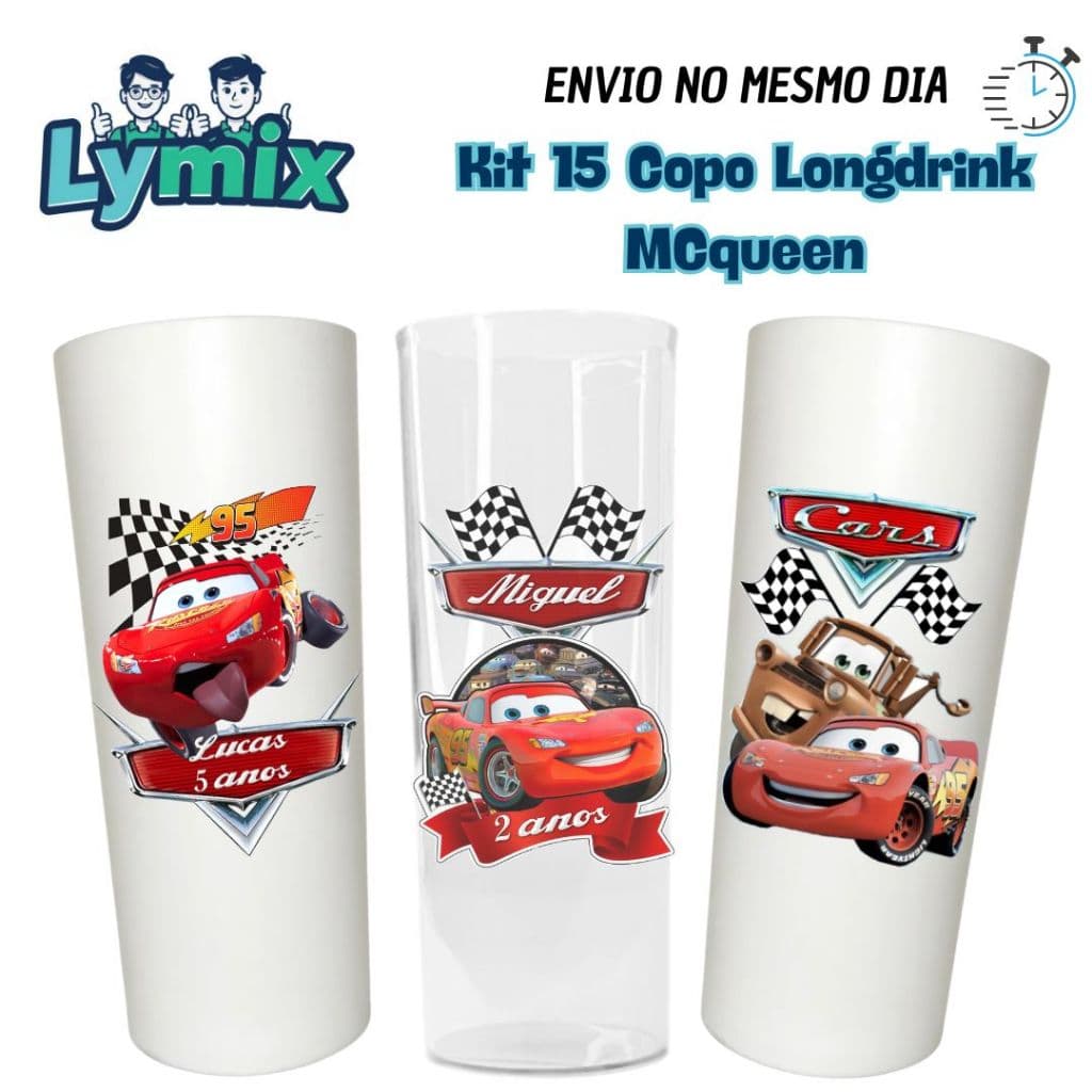 kit a Partir de 10 Unid copo Long Drink 300ML McQueen Personalizado - qualquer tema - Lembrancinha - aniversário-festa