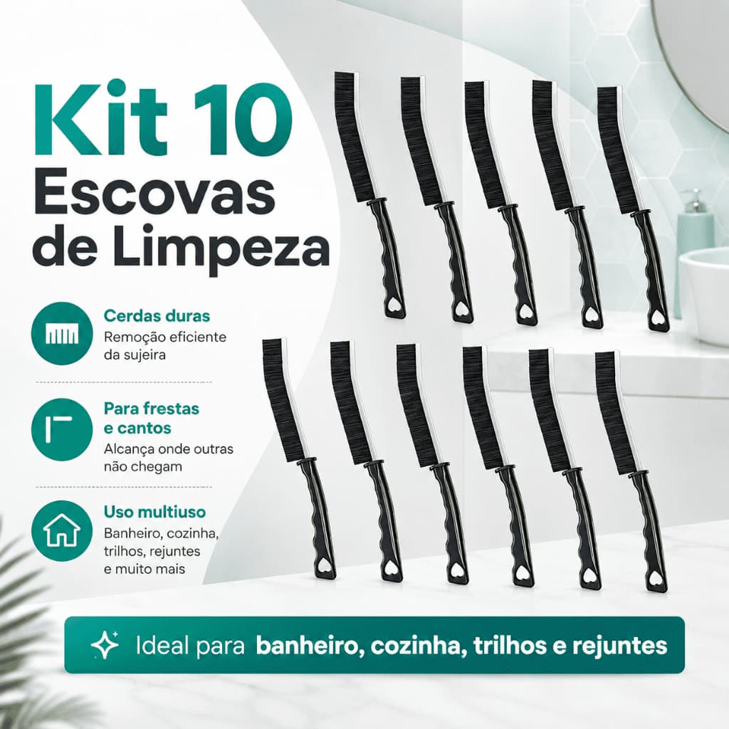 Kit 10 Escovas Multiuso com Cerdas Duras para Rejuntes Frestas e Cantos