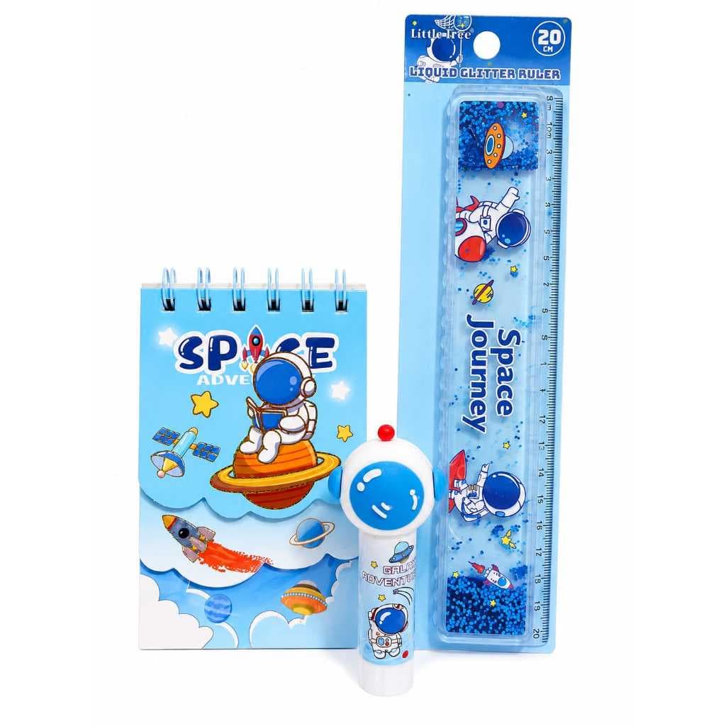 Kit Space Adventure Papelaria Completo | Mini Caderno + Régua Glitter 20cm + Cola Bastão Astronauta