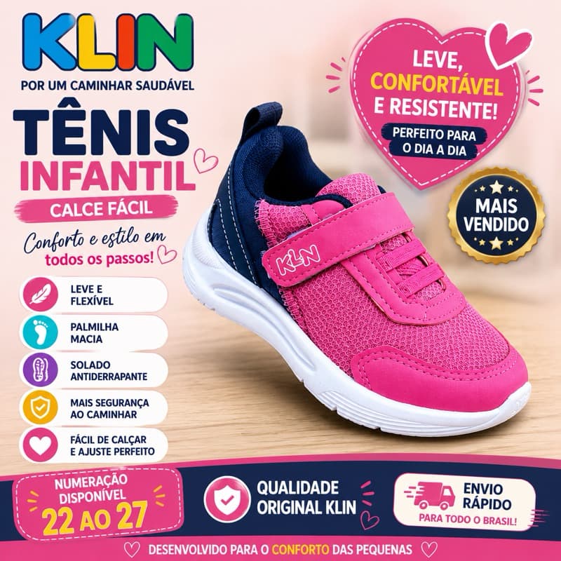 Tênis Infantil Klin Calce Fácil Original Confortável Antiderrapante Leve Escolar Dia a Dia
