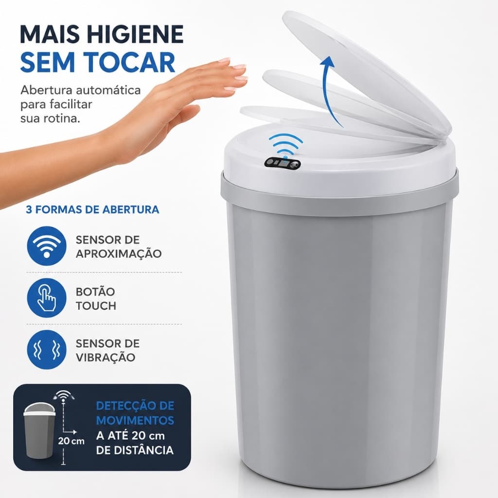 Lixeira Automática 12L com Sensor de Presença, Vibração e Touch Recarregável USB Cinza