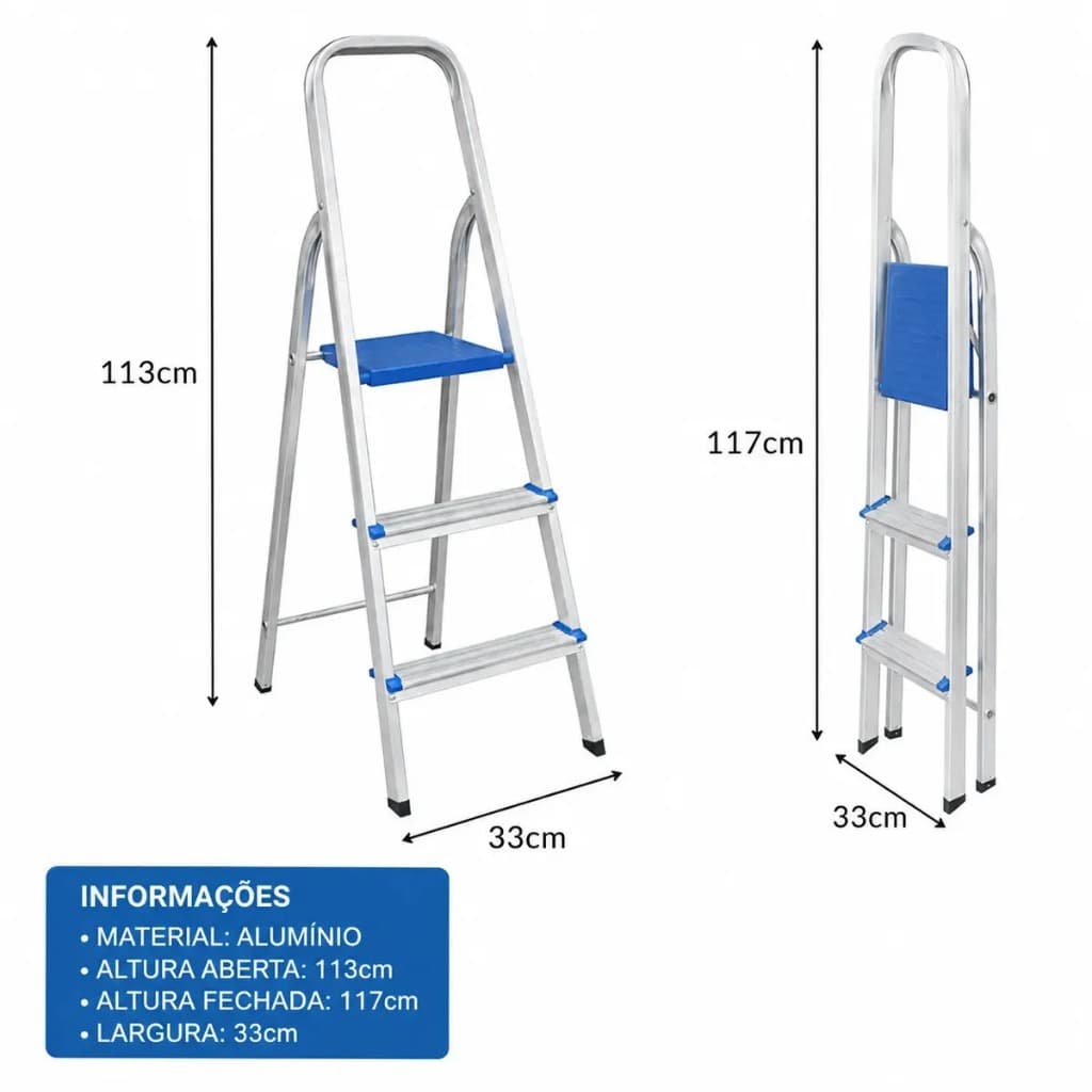 Escada Alumínio 3 Degraus Reforçada Compacta Altura 113 cm VK Store