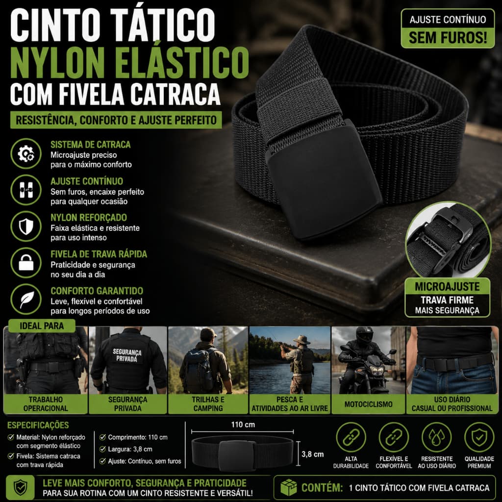 Cinto Tático Nylon Elástico com Fivela Catraca Ajuste sem Furos Militar Resistente Masculino 110cm