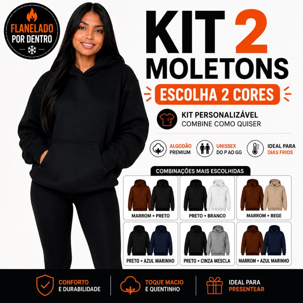 Moletom Canguru Unissex Kit 2 Flanelado com Capuz e Bolso Algodão Liso Blusa de Frio Premium Atacado