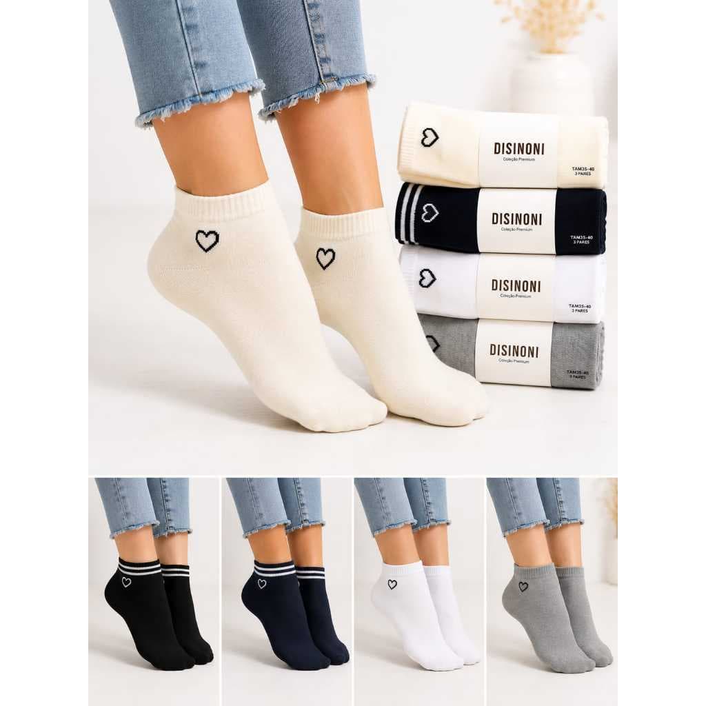 Kit 12 Pares Meias Femininas Casuais Estampas Variadas Confortáveis 35 ao 40