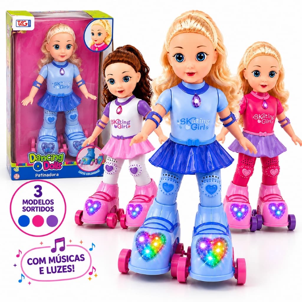 Boneca Patins Musical Com Luzes e Sons Skating Girl Infantil Anda Sozinha Canta Patinadora
