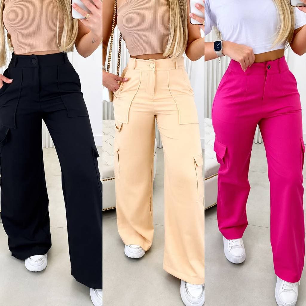 Calça Cargo Com Bolso Wide Leg Feminina