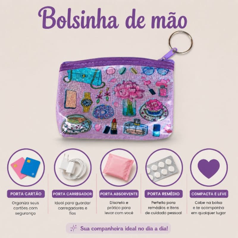 Kit 2 Porta Cartão Chaveiro Impermeável com Zíper Estampas Sortidas Porta Níquel Feminino Carteirinha Pequena