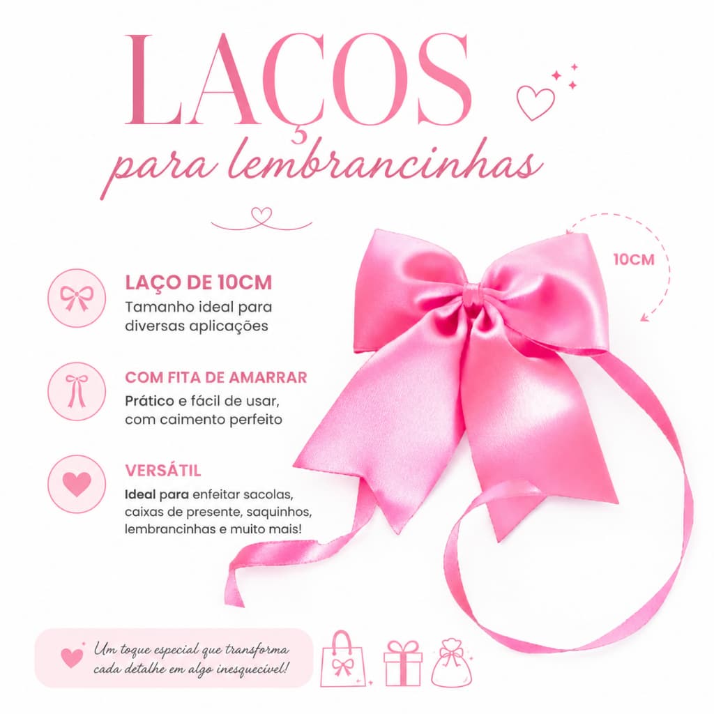 Laço Grande de Cetim Pronto de 10cm com Fita de Amarrar para Caixa de Presente Sacola Balde Saco