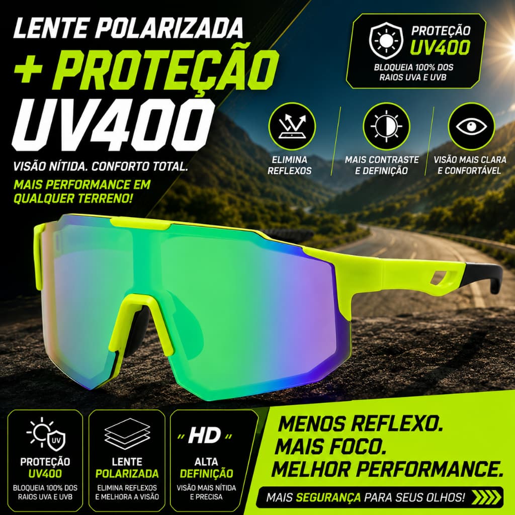 Óculos de Sol Ciclismo Polarizado UV400 Visor Único Revo Verde Neon Bike Corrida MTB Speed TR90