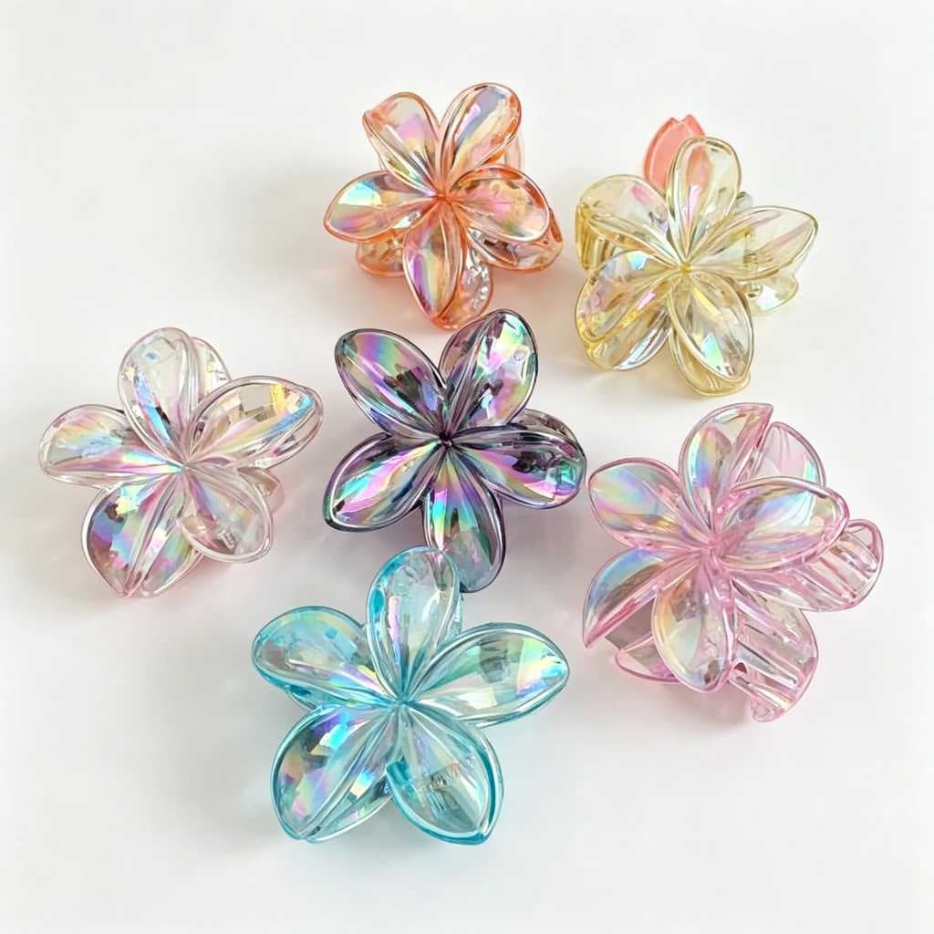 2/3 Garra De Cabelo Piranha Flor Holográfica Presilha Transparente Grande Acessório Meninas