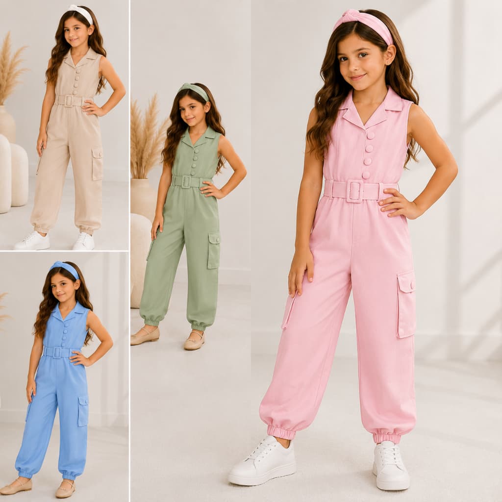 Macacão Infantil Menina Cargo Aladim Cargo Alfaiataria com Cinto Look para Festas Tamanho 4 ao 10