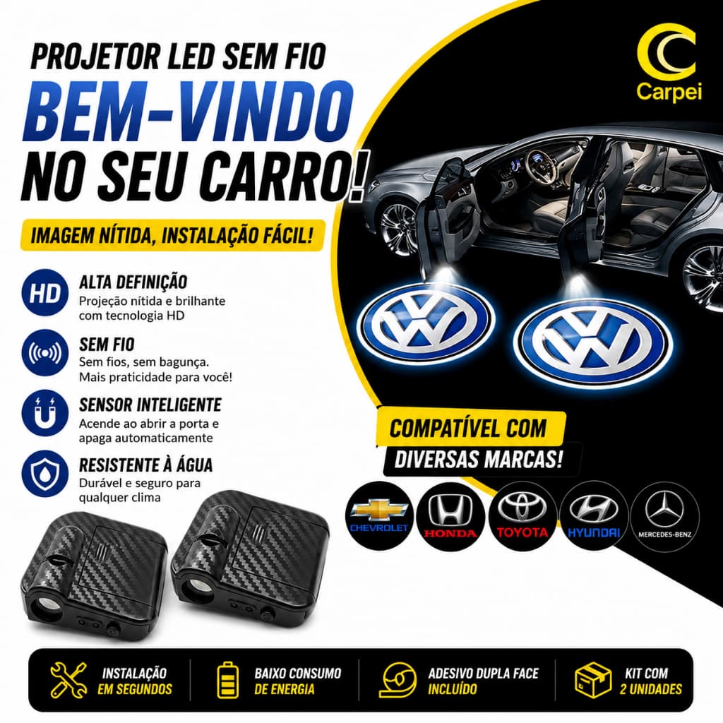 1 par Lâmpada LED Sem Fio Para Carro/Projetor De Luz Laser com Marca de Carro Universal Decorativo