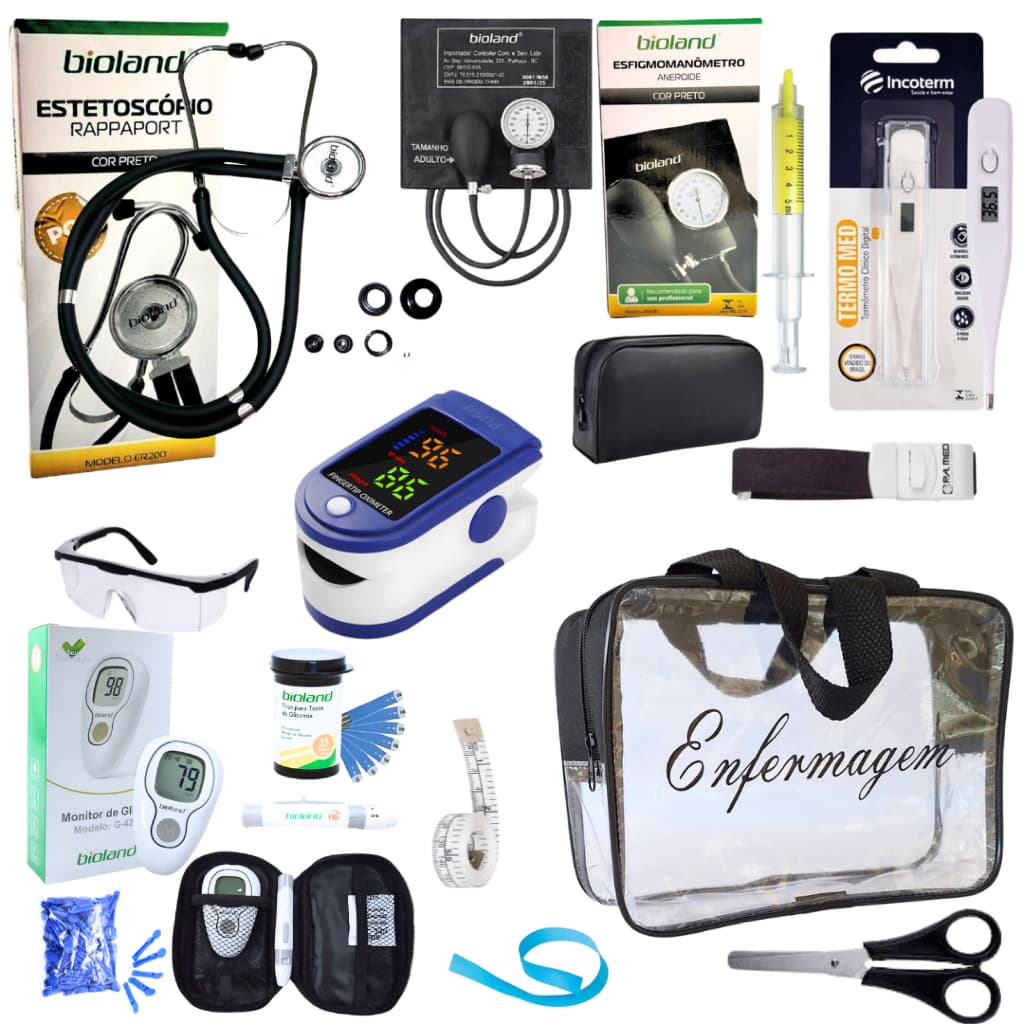Kit Enfermagem Aparelho de Pressão + Estetoscópio Completo + Oximetro + Glicossimetro + Nécessaire