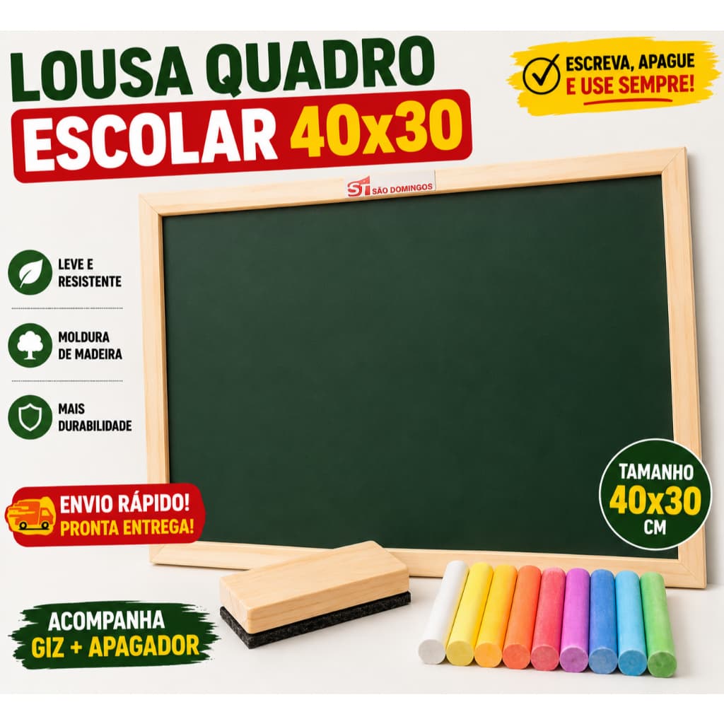 Lousa Quadro Escolar 40x30cm com Moldura de Madeira + Giz e Apagador | Ideal para Estudos, Recados e Organização