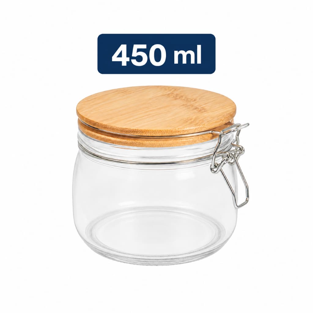 Pote de Vidro 450ml com Tampa de Bambu e Trava Mozcada
