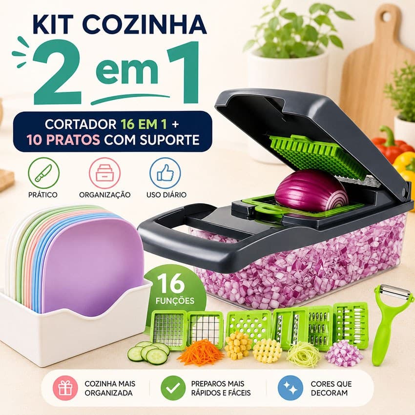 Super Kit Cozinha 26 Peças: Fatiador Ralador 16 em 1 + 10 Placas de Servir Profissional Aço Inox