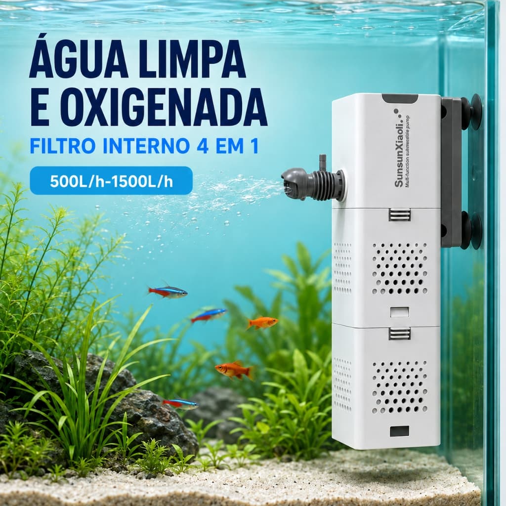 Filtro para Aquário 4 em 1 Bomba Submersível 500 L/h ou 1500 L/h para Filtragem e Oxigenação