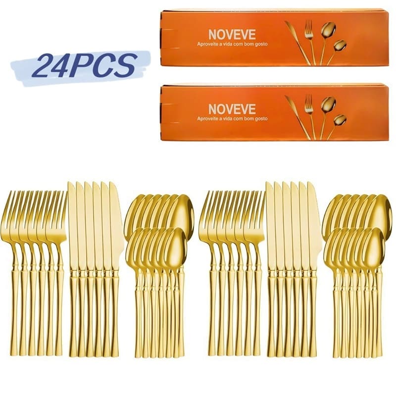 24 Peças Talheres Dourado de Aço Inox Garfo Colher Faca Colher De Mesa