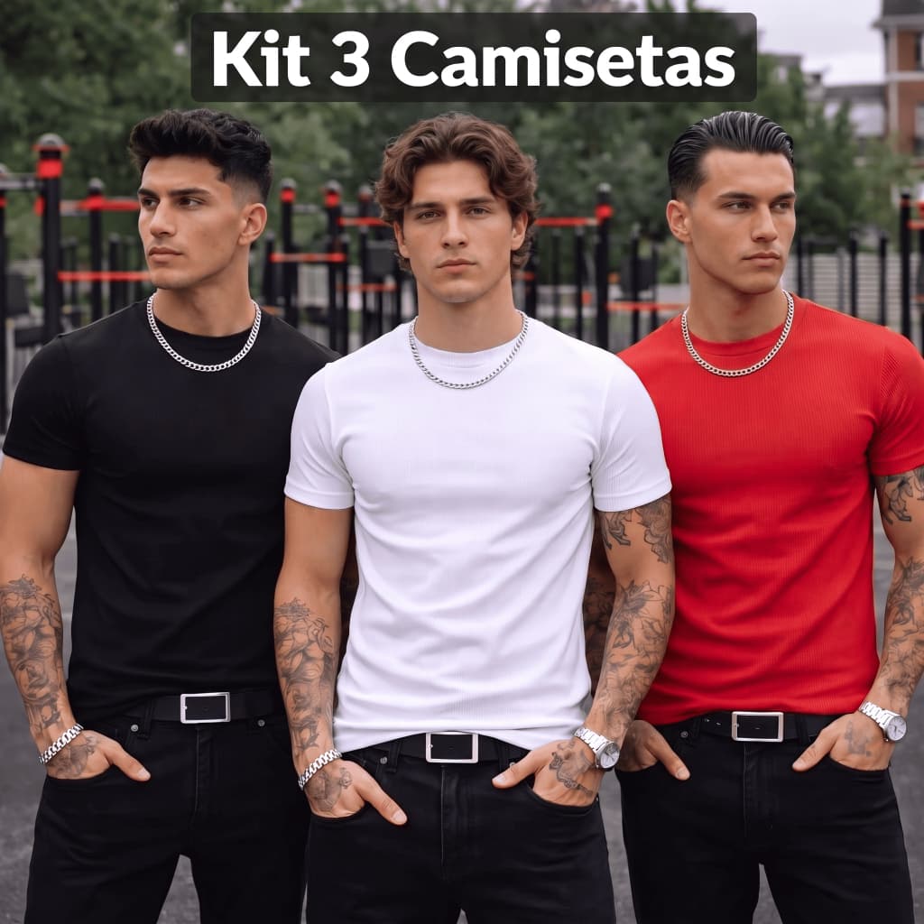 Kit 3 Camiseta Americana Masculina Canelada Slim Fit Básica Ribana Estilo Premium Academia Gringa Justa ao Corpo