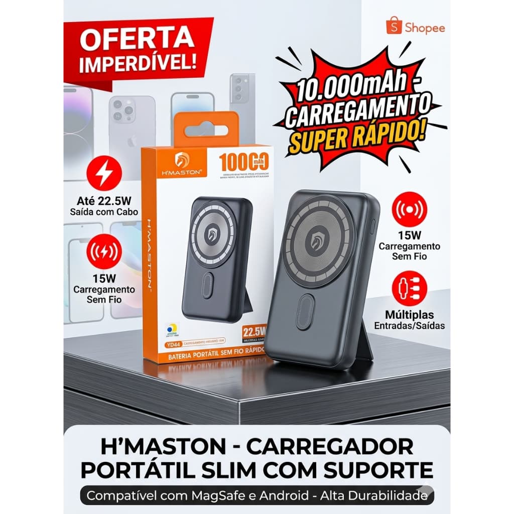 Carregador Portatil Power Bank H'Maston 10000mah Inducao Sem Fio 22.5w
