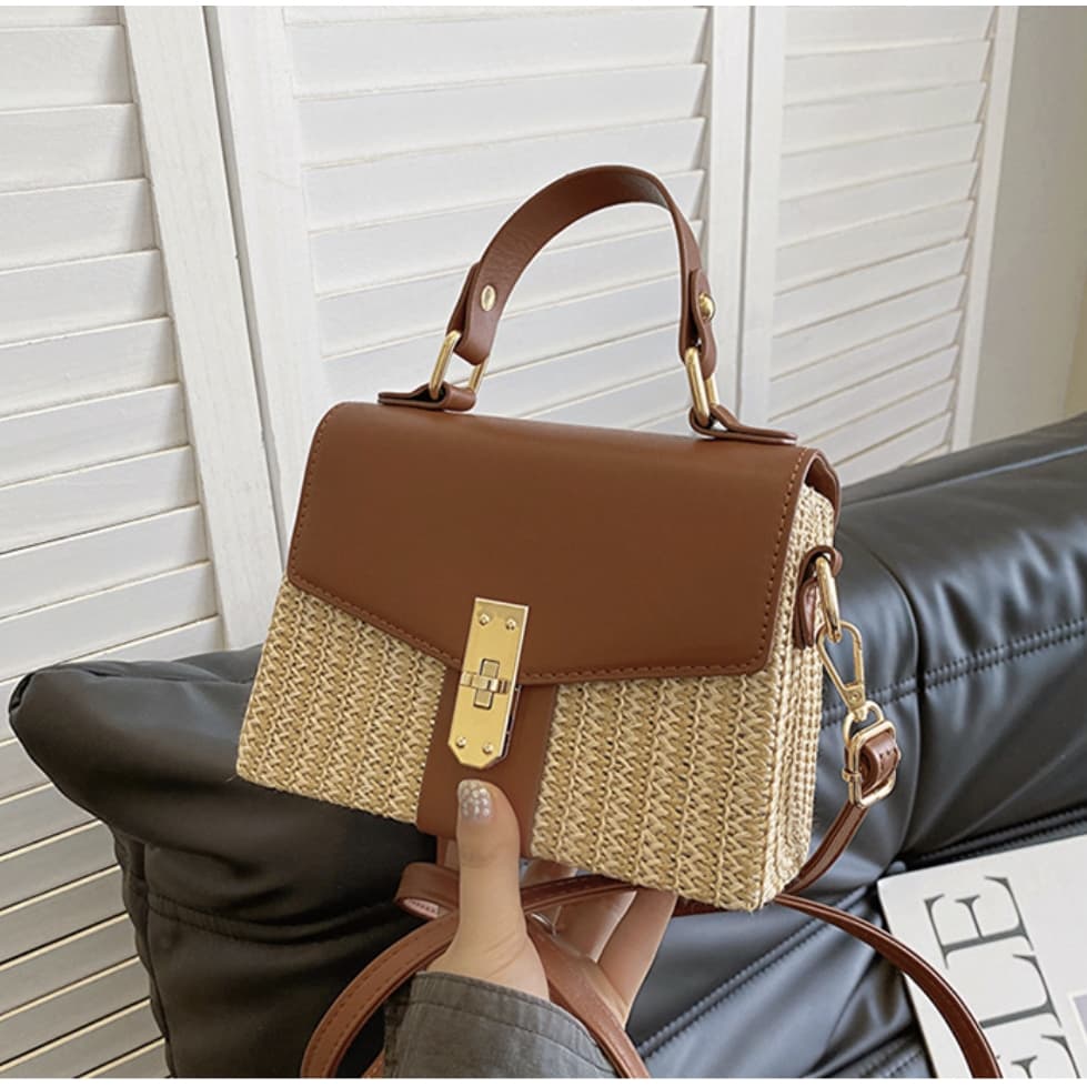 Bolsa feminina pequena quadrada com costura de palha e axila, bolsa tiracolo de ombro retrô