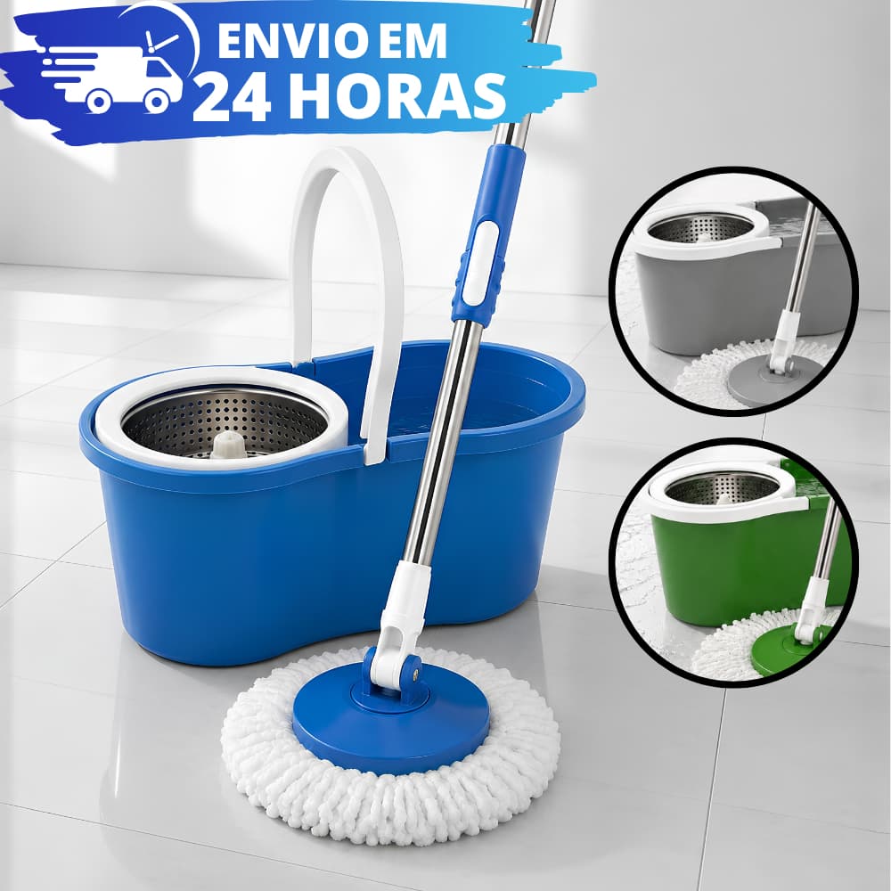 Mop Giratório INOX AÇO Esfregão Rodo de Limpeza 360° Balde com Reservatório C/ 1 Refil