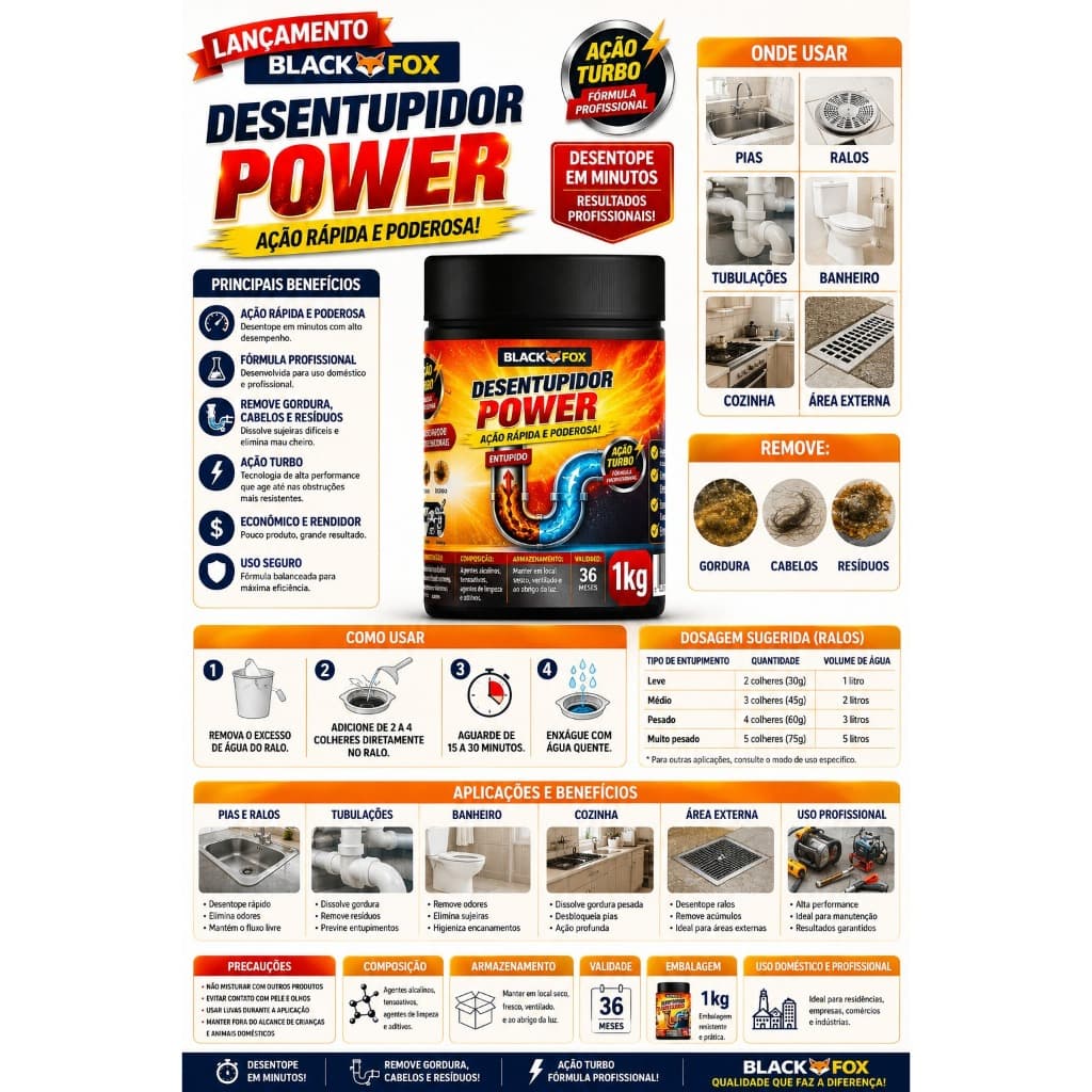 Desentupidor Desentop Blackfoxx Power 1Kg Pia Ralo Cano Cozinha Banheiro Remove Entupimentos Difíceis