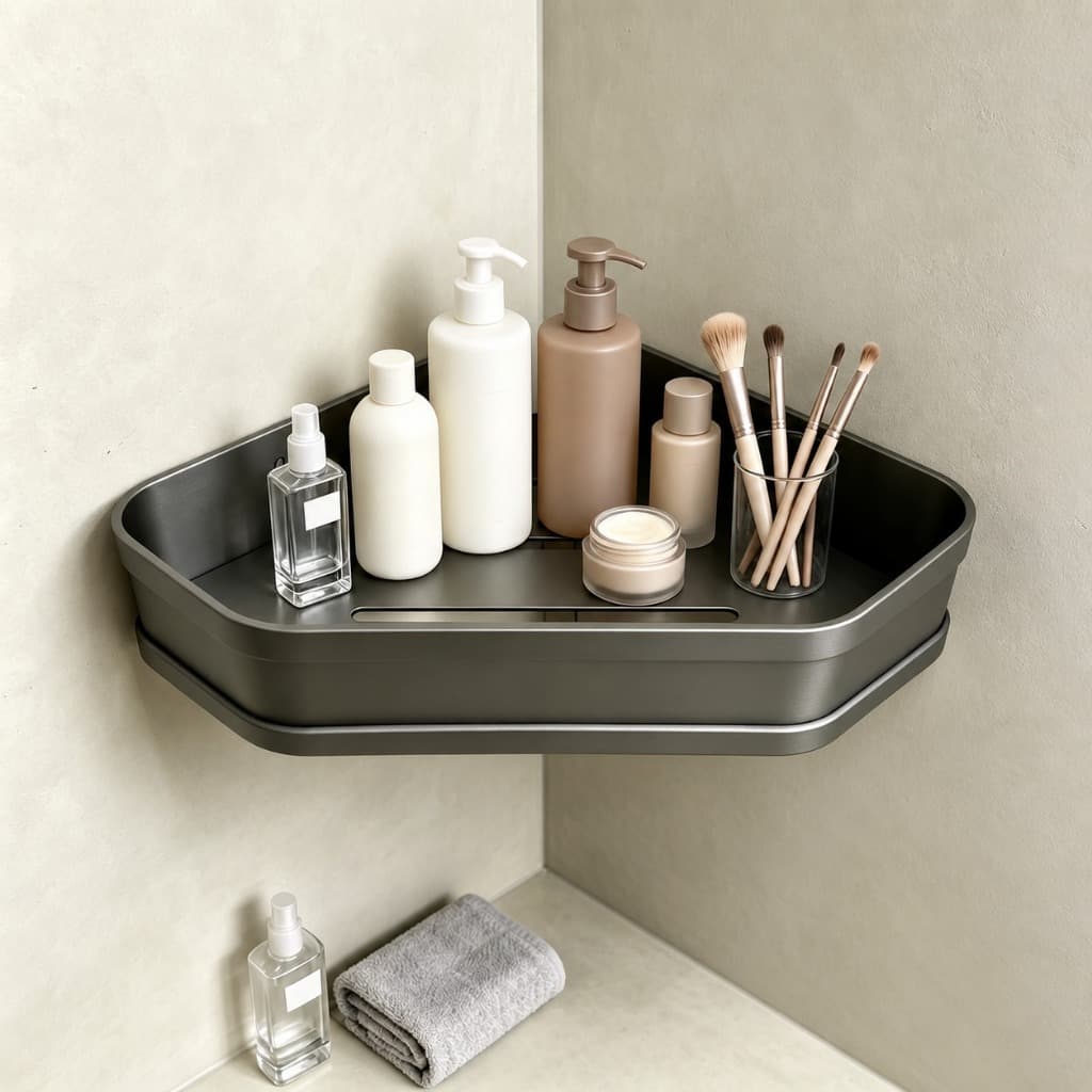 Prateleira Canto Banheiro 24cm Alumínio Cinza Fosco Porta Shampoo Organizador Box Cola ou Parafuso